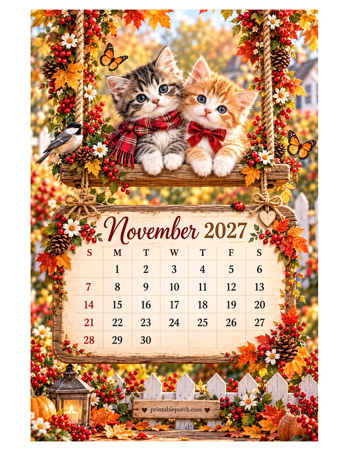Kittens on the Swing November 2027 Calendar