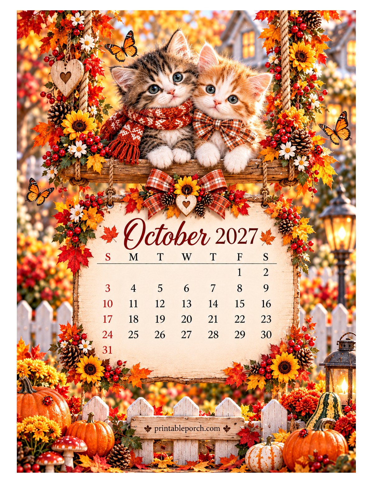 Kittens on the Swing October 2027 Calendar