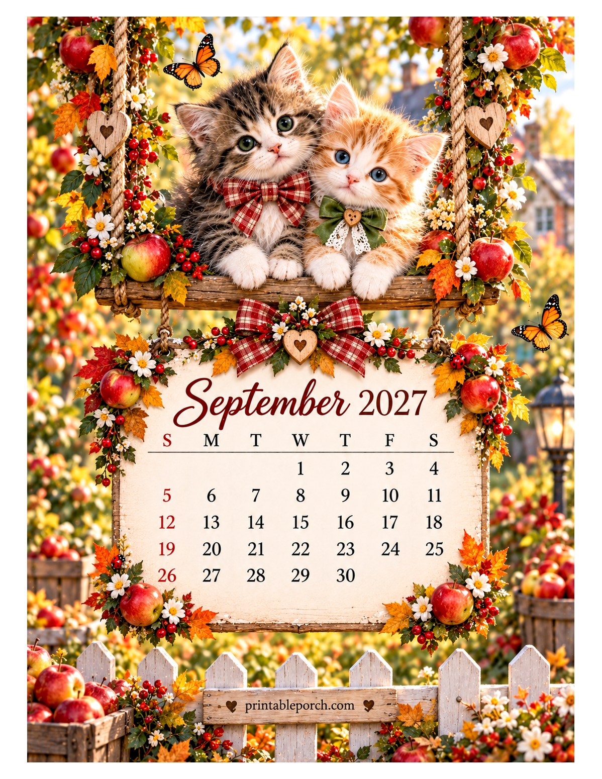 Kittens on the Swing September 2027 Calendar