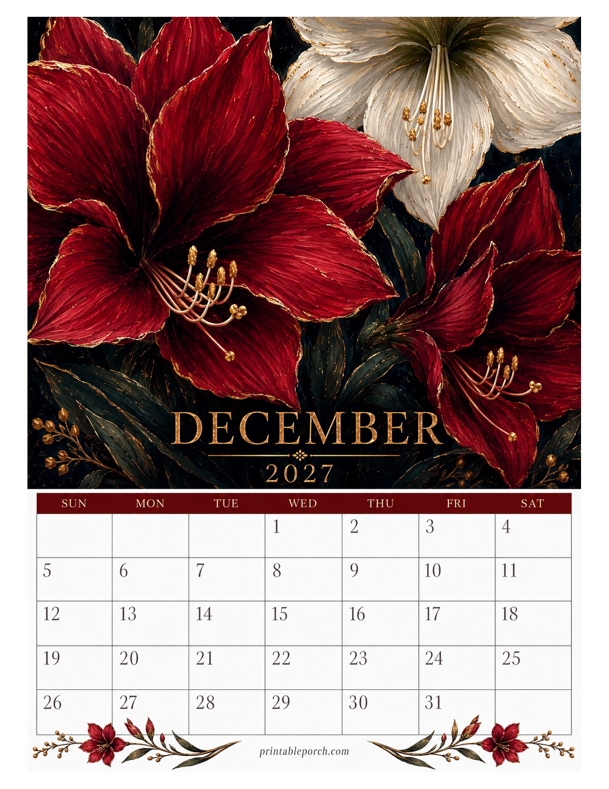 Moody Gold Florals December 2027 Calendar