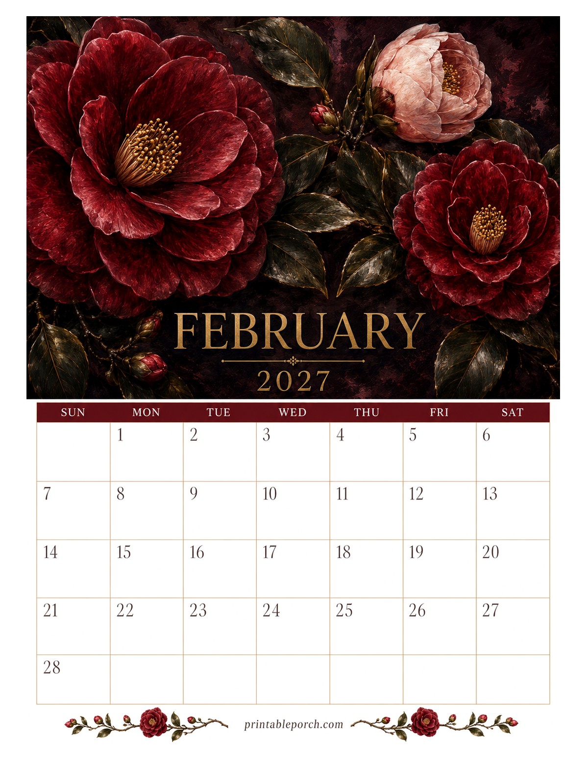Moody Gold Florals February 2027 Calendar
