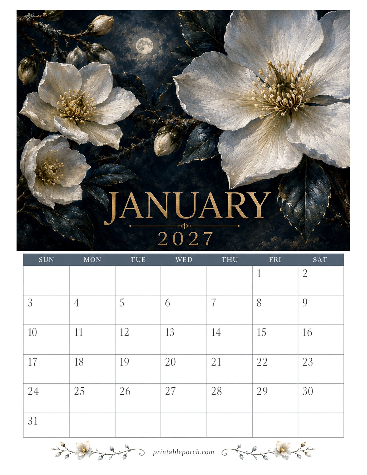 Moody Gold Florals January 2027 Calendar