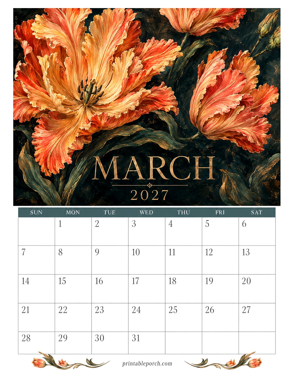 Moody Gold Florals March 2027 Calendar