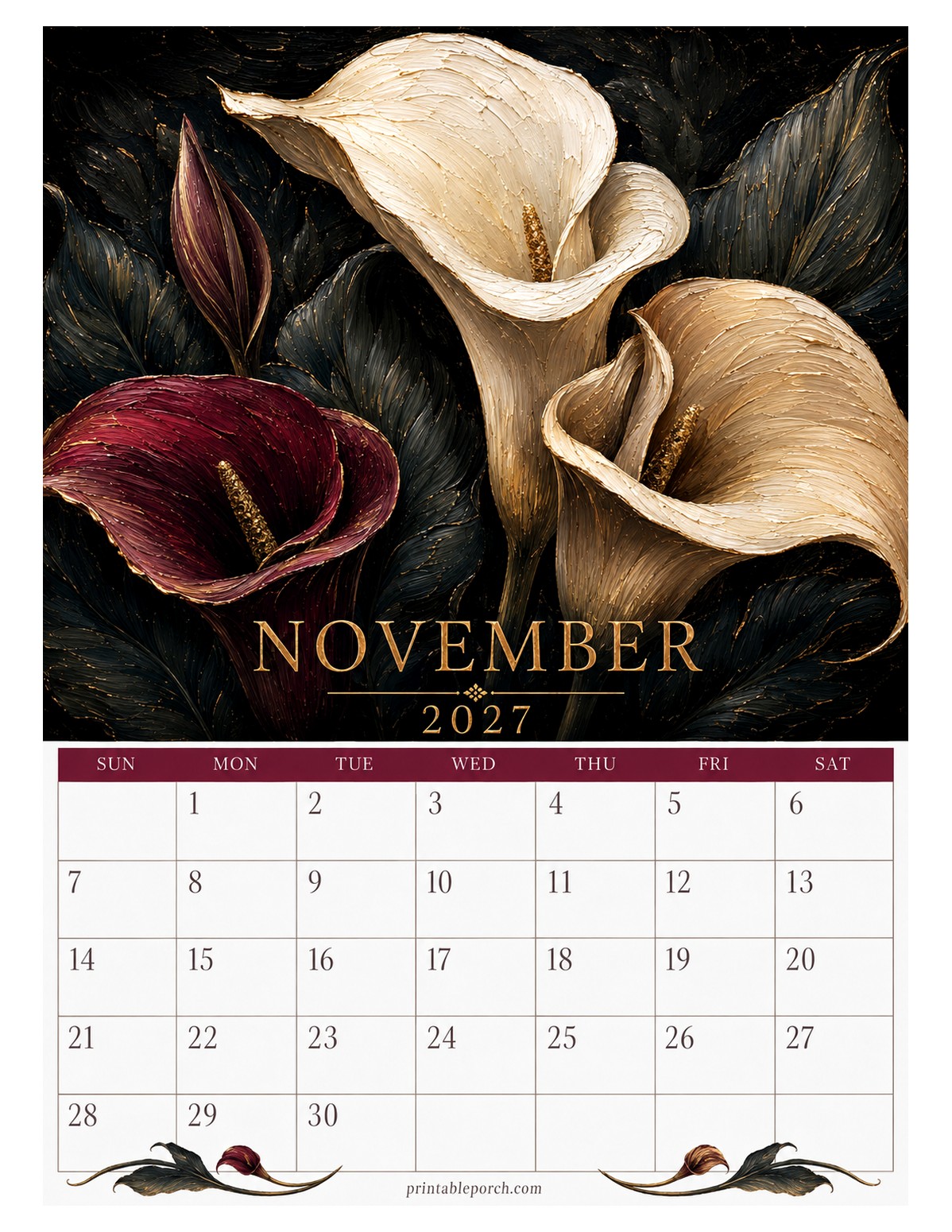 Moody Gold Florals November 2027 Calendar
