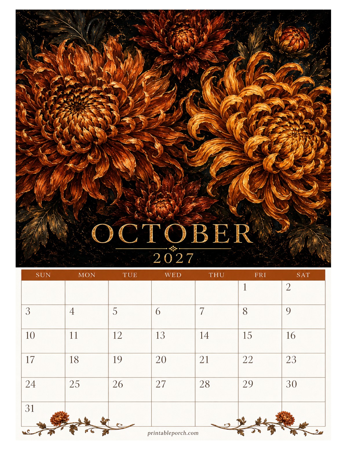 Moody Gold Florals October 2027 Calendar