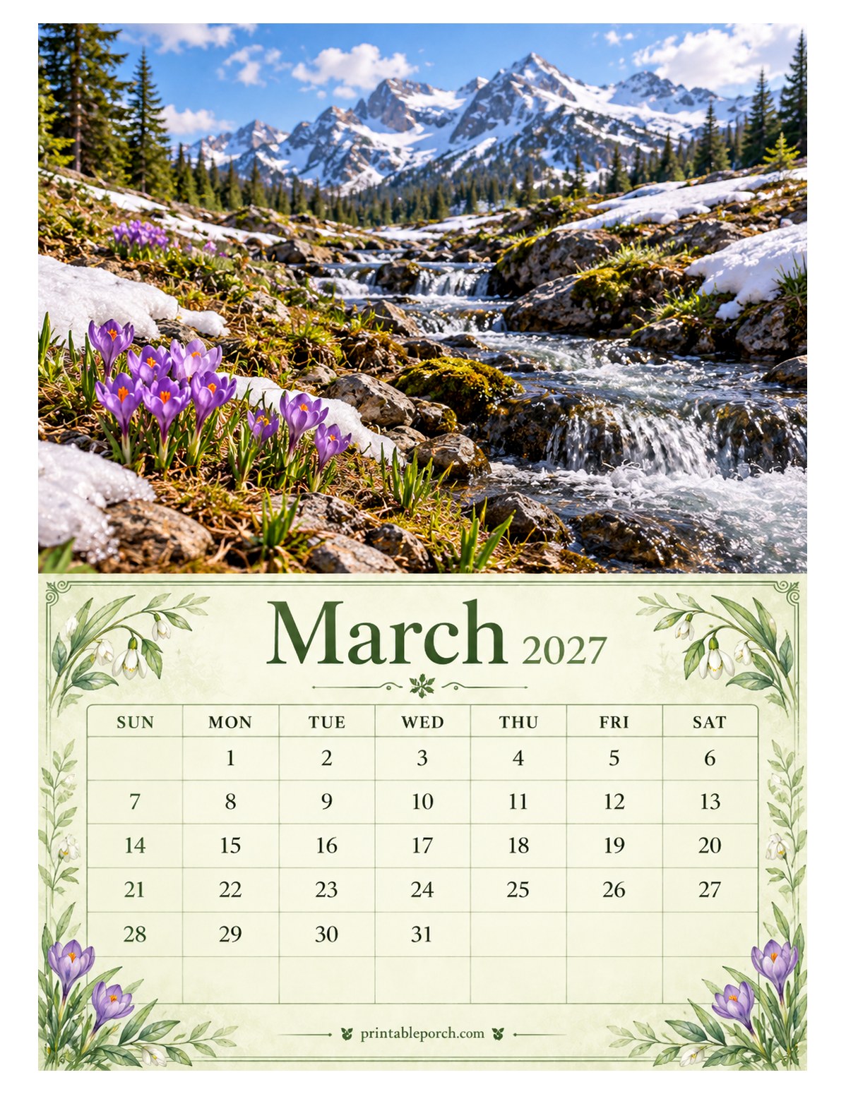 Mountain Seasons March 2027 Calendar