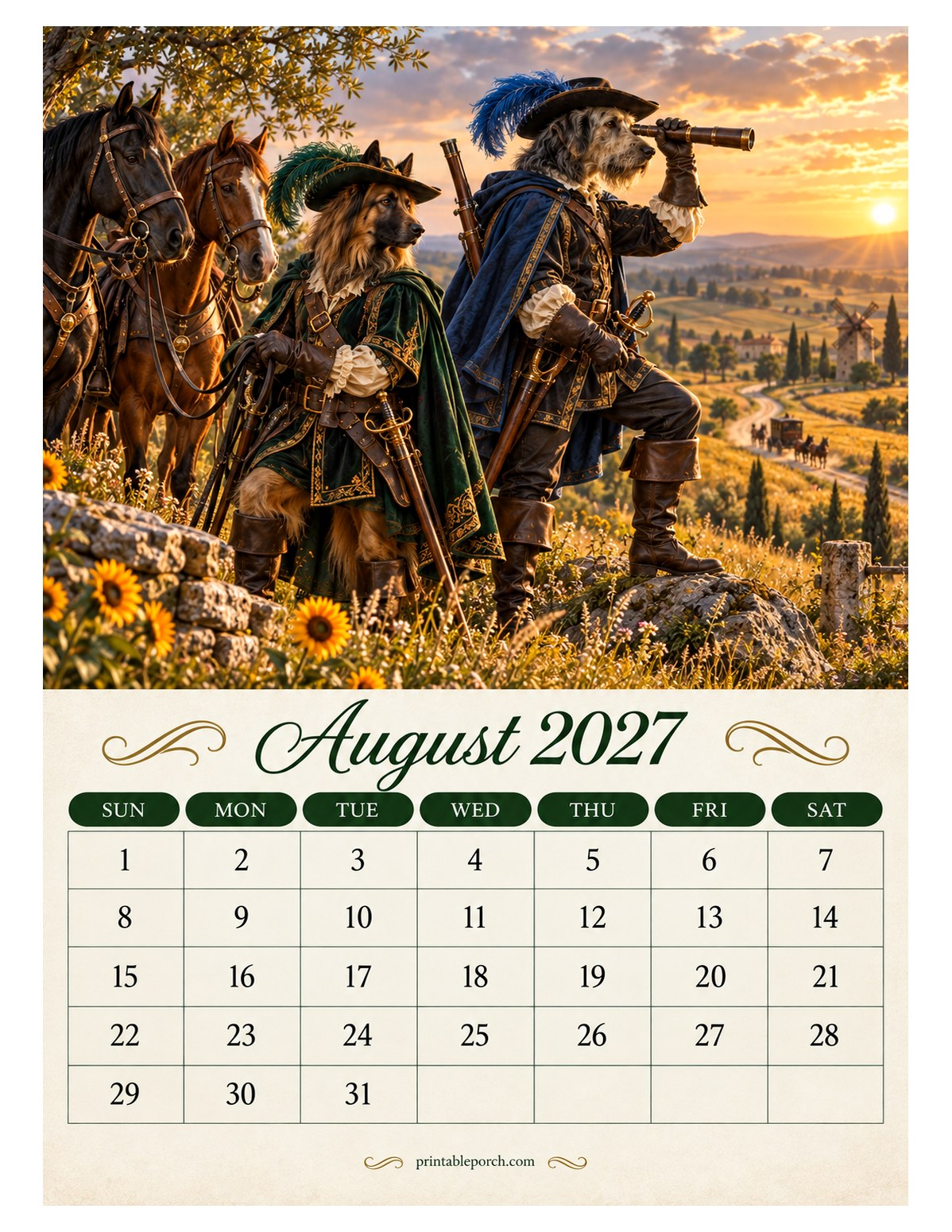 Musketeer Dogs August 2027 Calendar