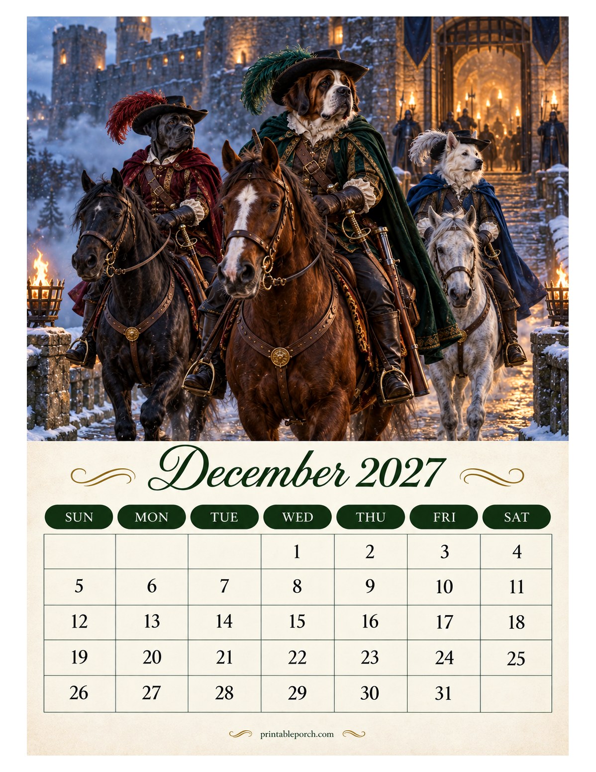 Musketeer Dogs December 2027 Calendar