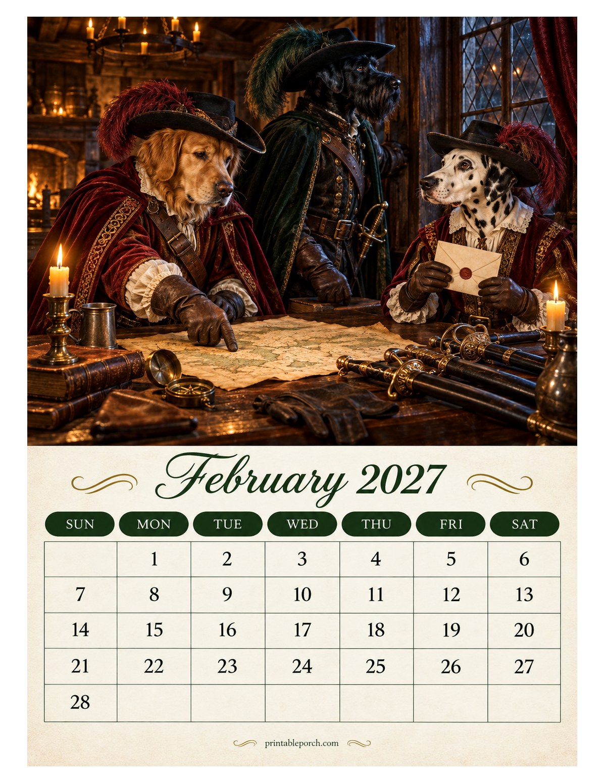 Musketeer Dogs February 2027 Calendar