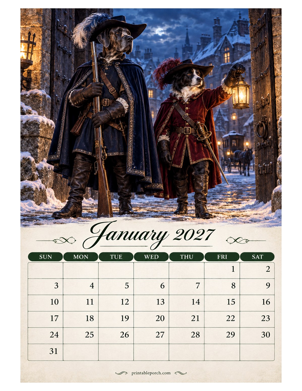 Musketeer Dogs January 2027 Calendar