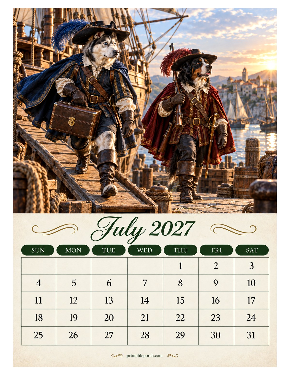 Musketeer Dogs July 2027 Calendar