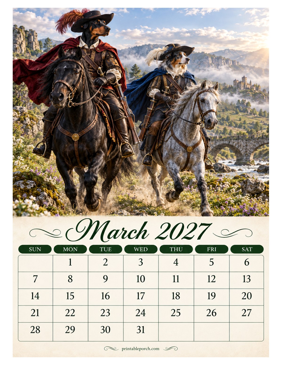 Musketeer Dogs March 2027 Calendar