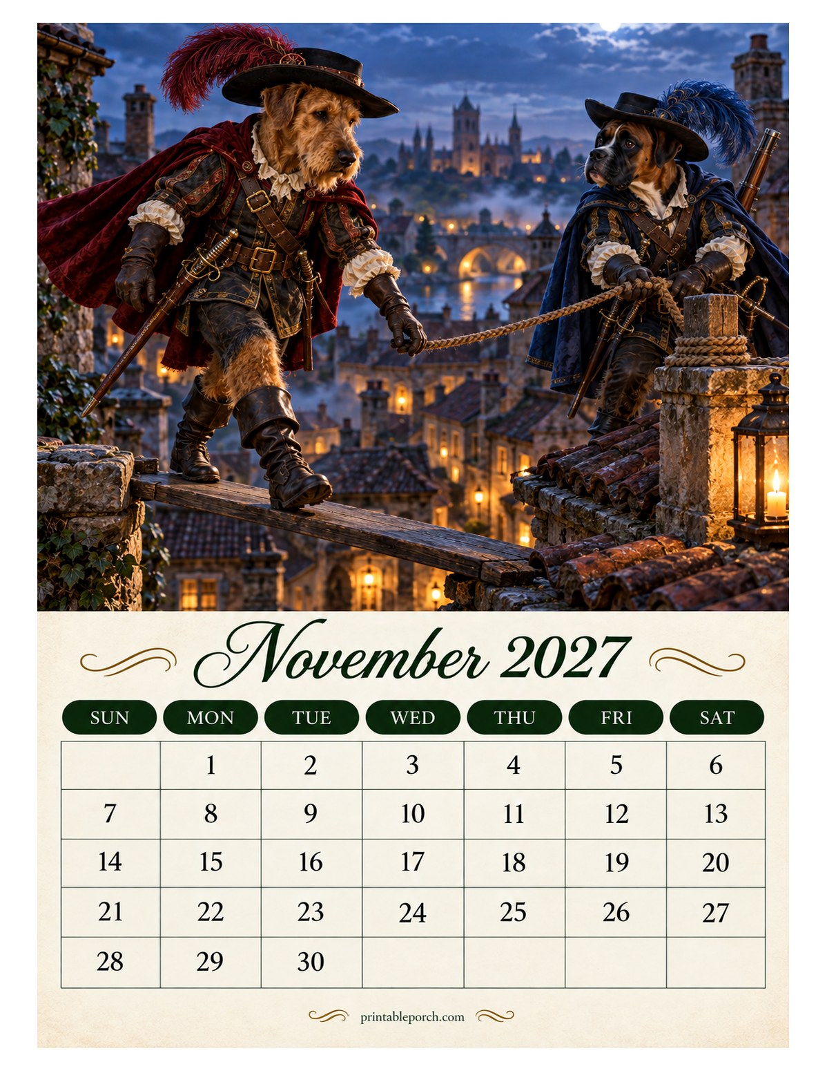 Musketeer Dogs November 2027 Calendar