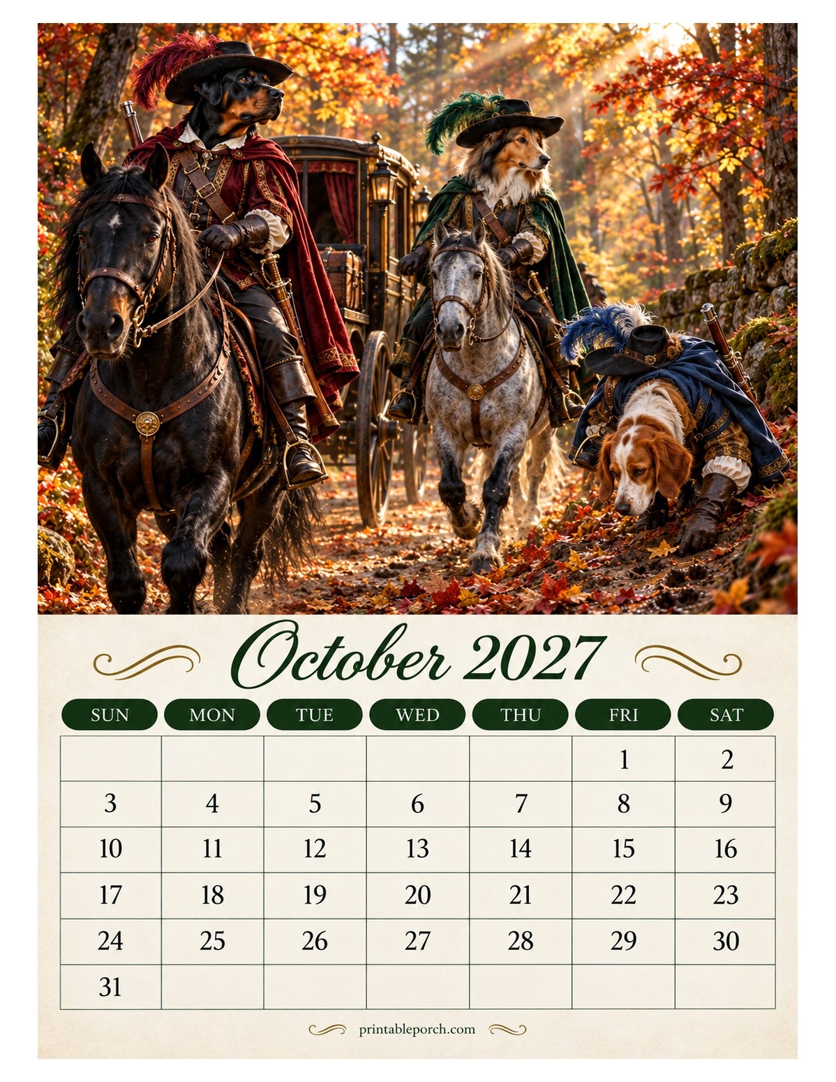 Musketeer Dogs October 2027 Calendar