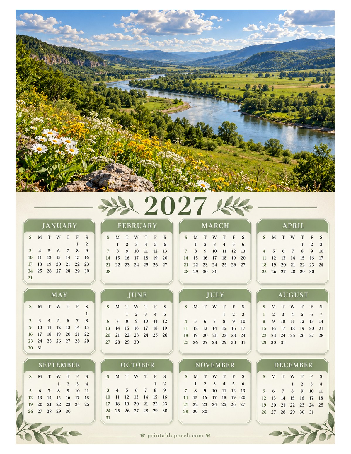 Nature 2027 Yearly Calendar - Green Valley