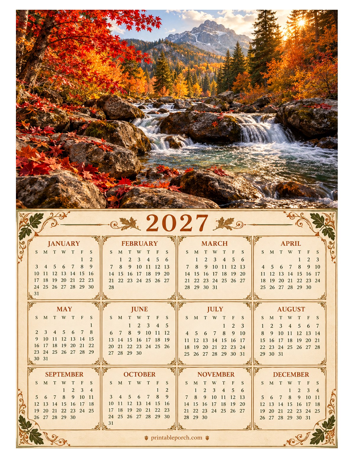 Nature 2027 Yearly Calendar - Maple Falls