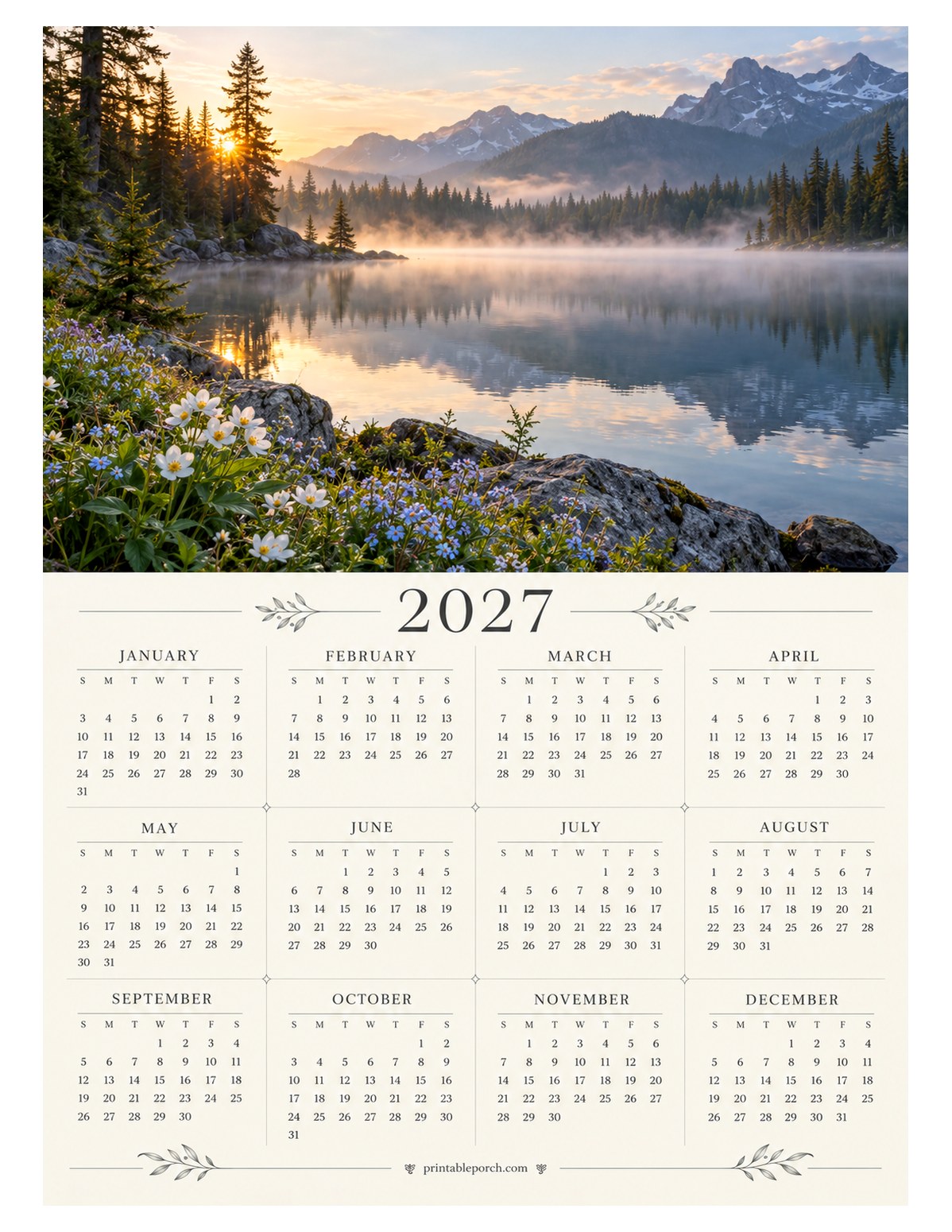 Nature 2027 Yearly Calendar - Misty Lake