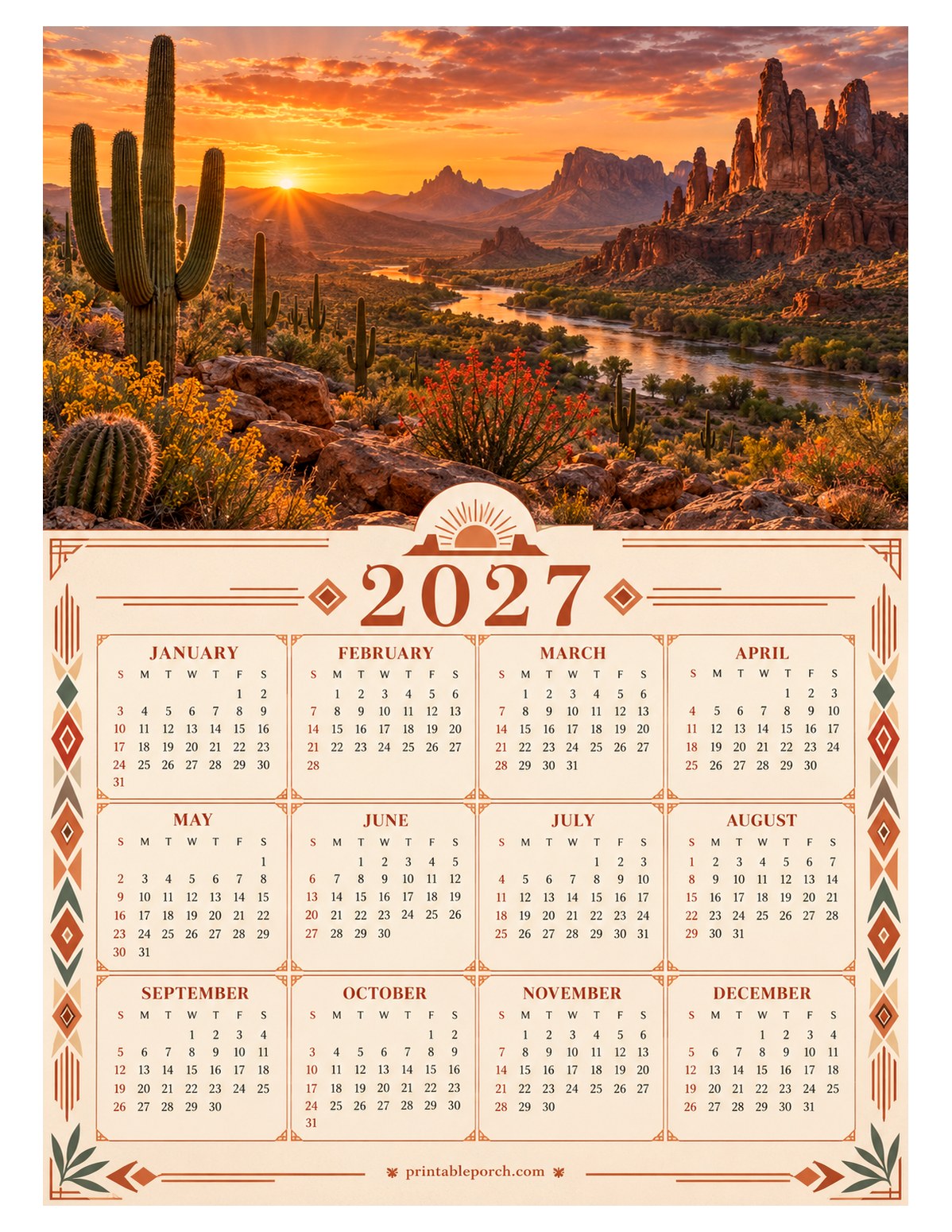 Nature 2027 Yearly Calendar - Saguaro Sunset