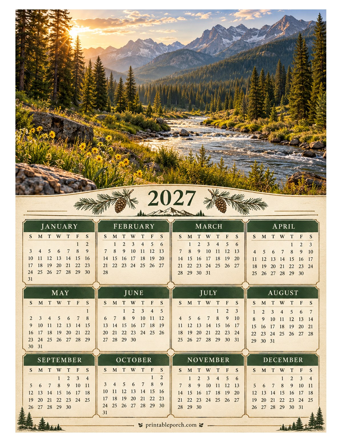Nature 2027 Yearly Calendar - Sunrise Peaks