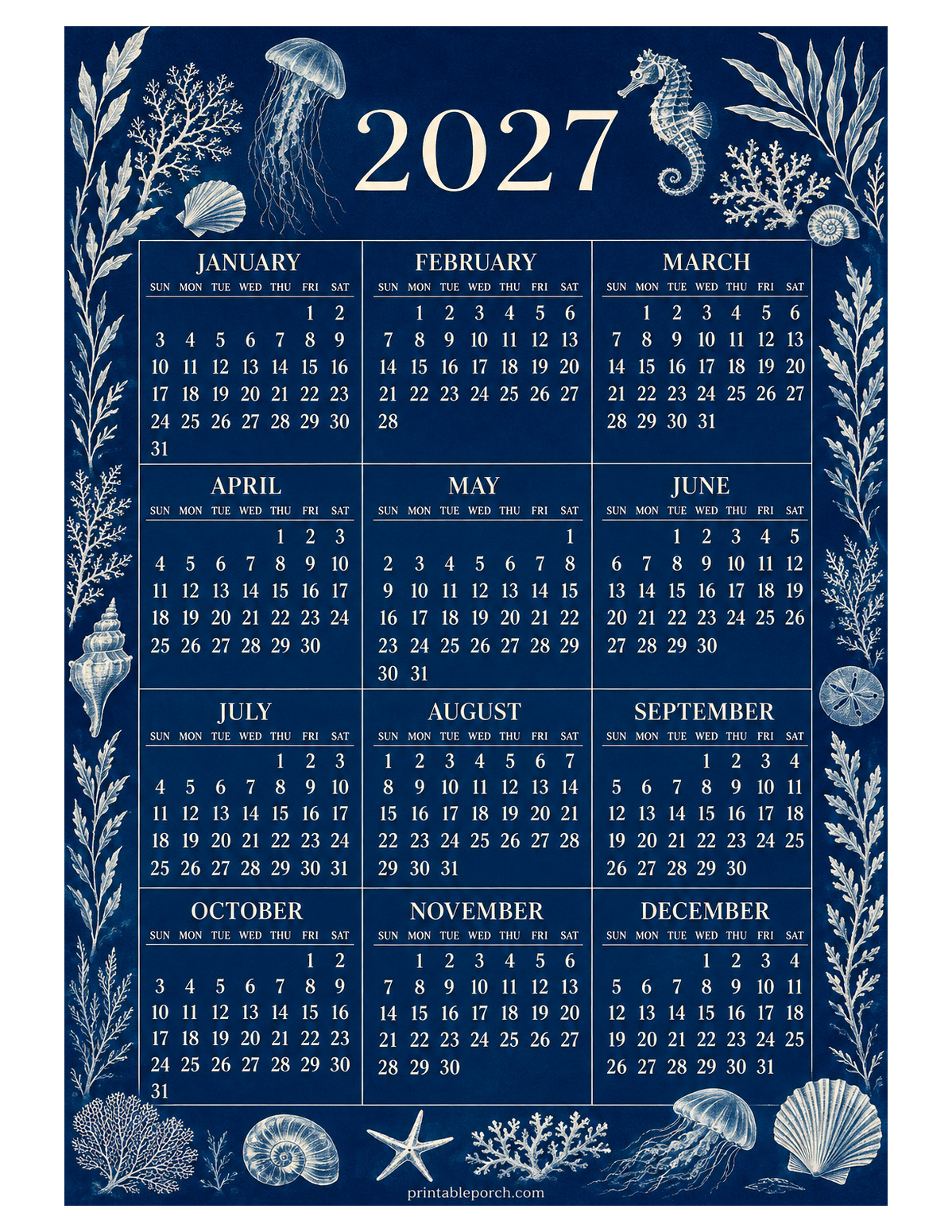 Ocean Cyanotype 2027 Yearly Calendar