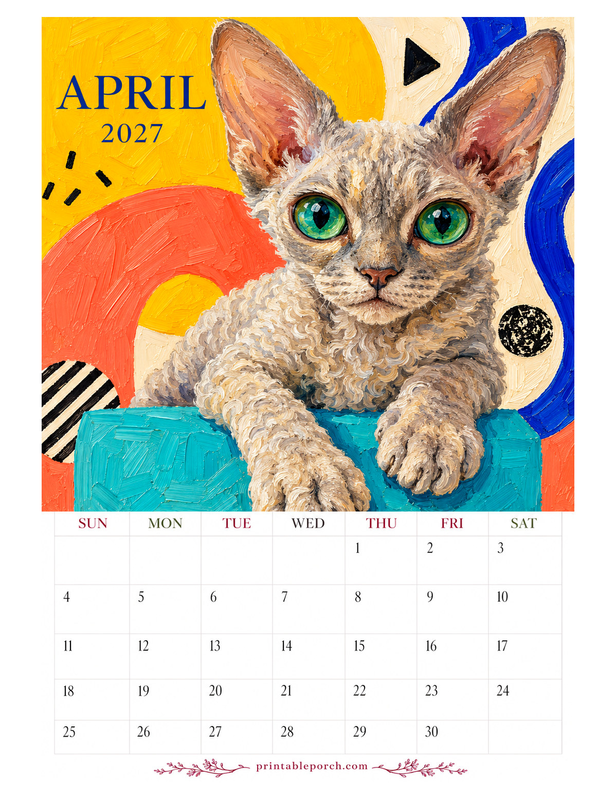 Oil Painting Cats April 2027 Calendar
