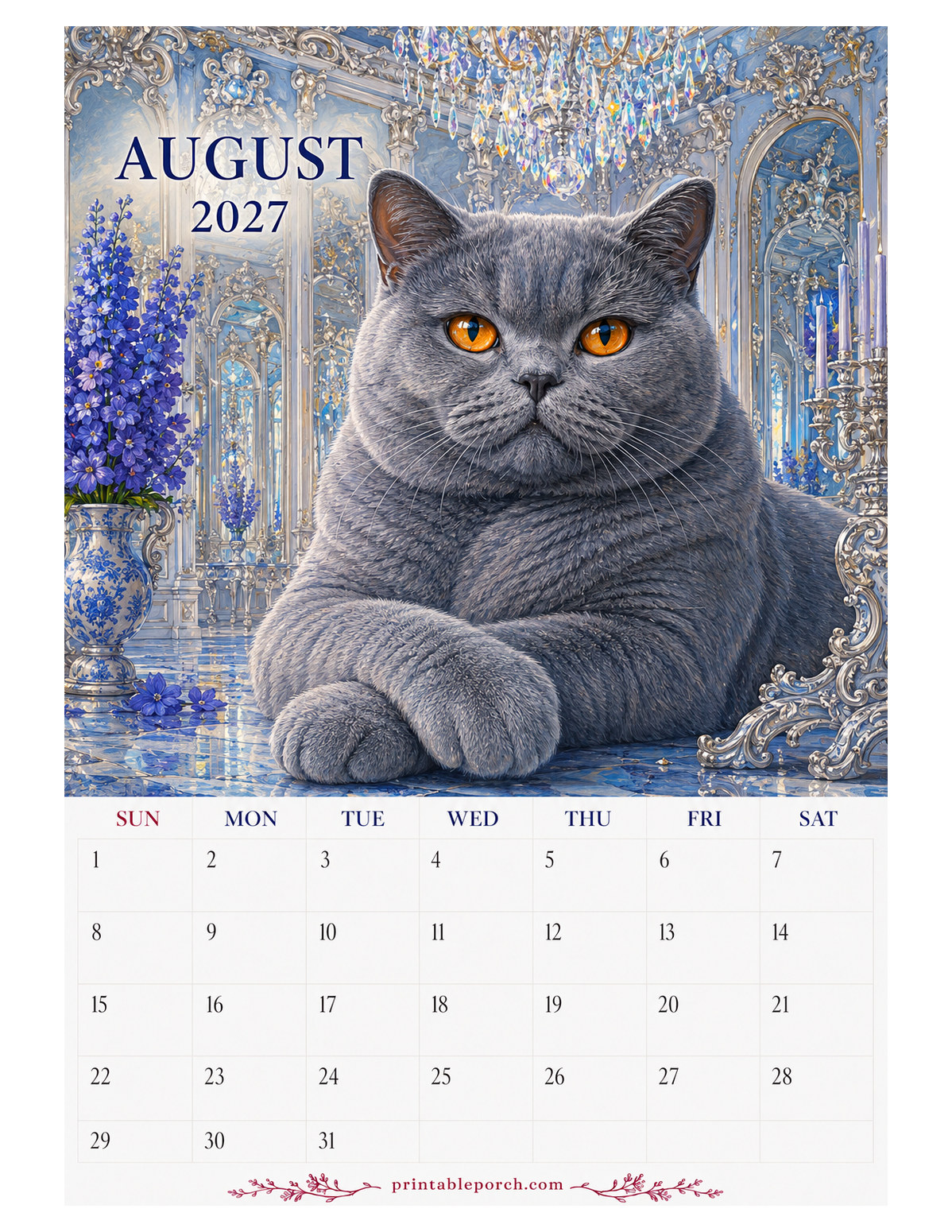 Oil Painting Cats August 2027 Calendar