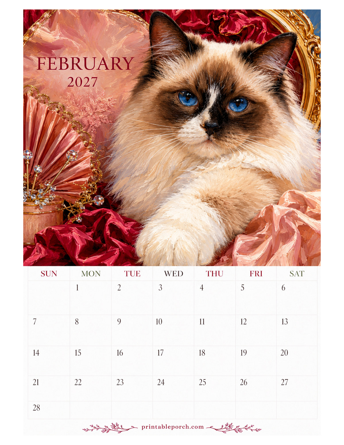 Oil Painting Cats February 2027 Calendar
