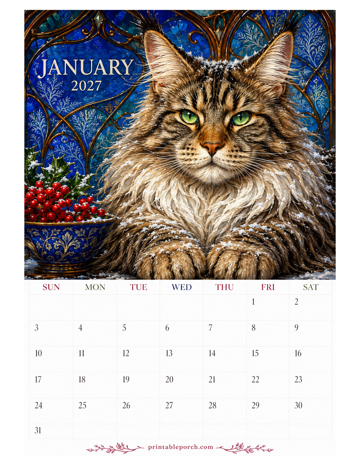 Oil Painting Cats January 2027 Calendar