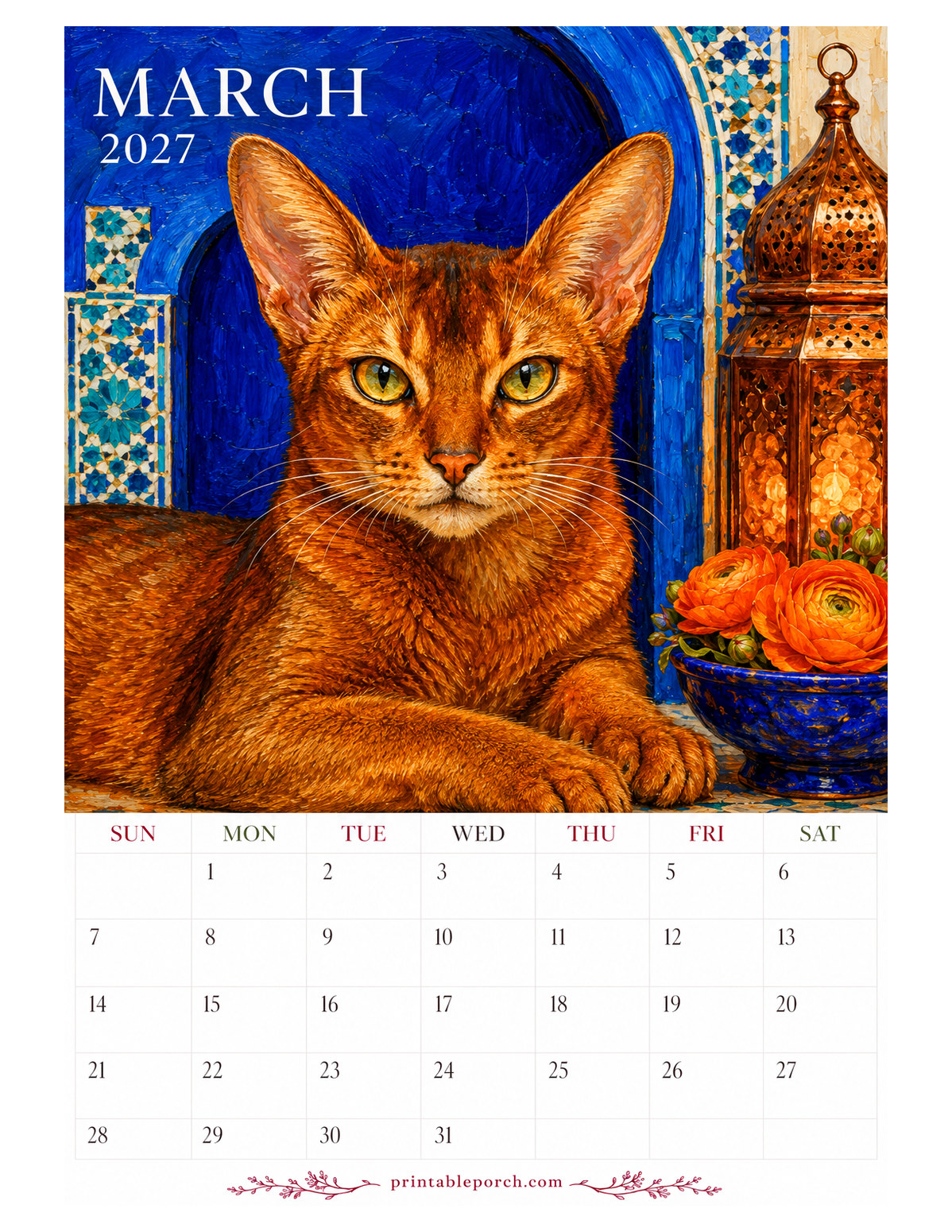 Oil Painting Cats March 2027 Calendar