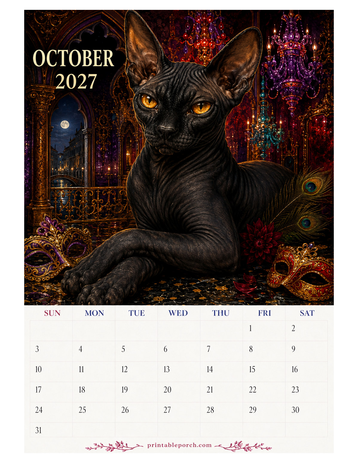 Oil Painting Cats October 2027 Calendar