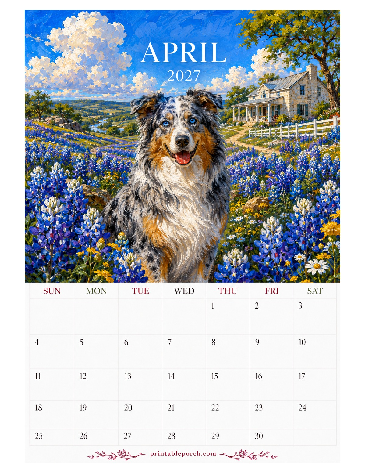Oil Painting Dogs April 2027 Calendar