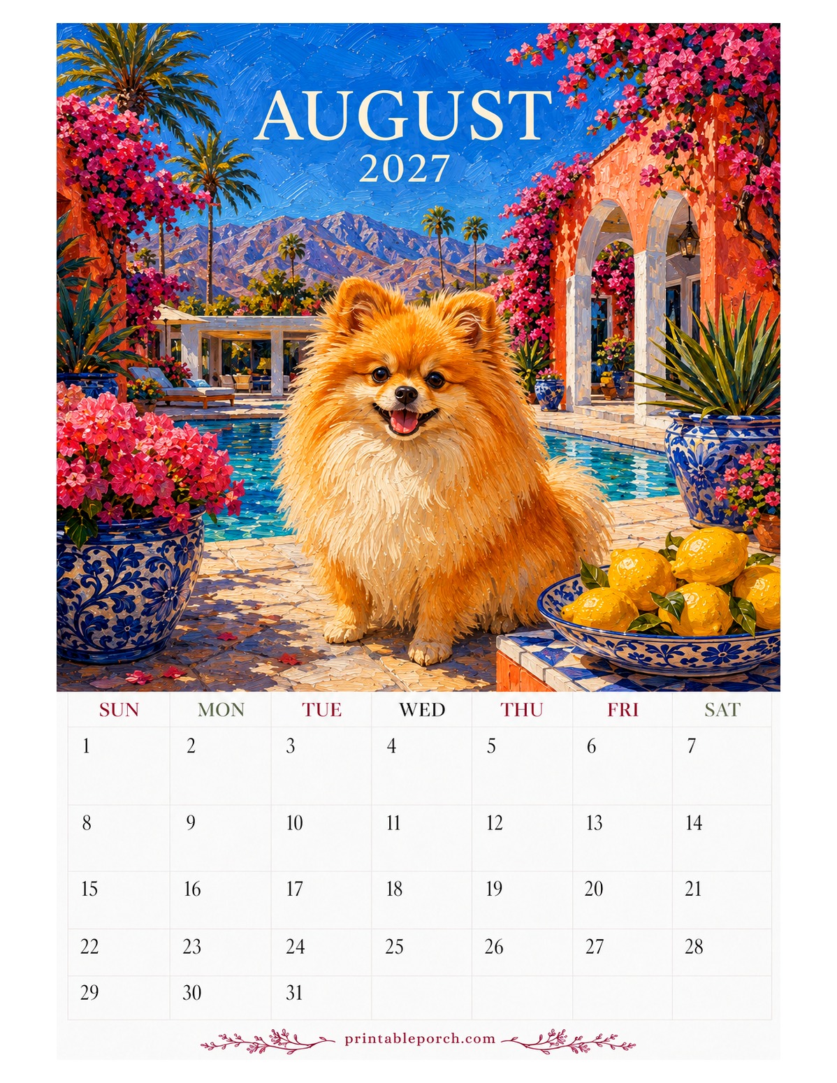 Oil Painting Dogs August 2027 Calendar