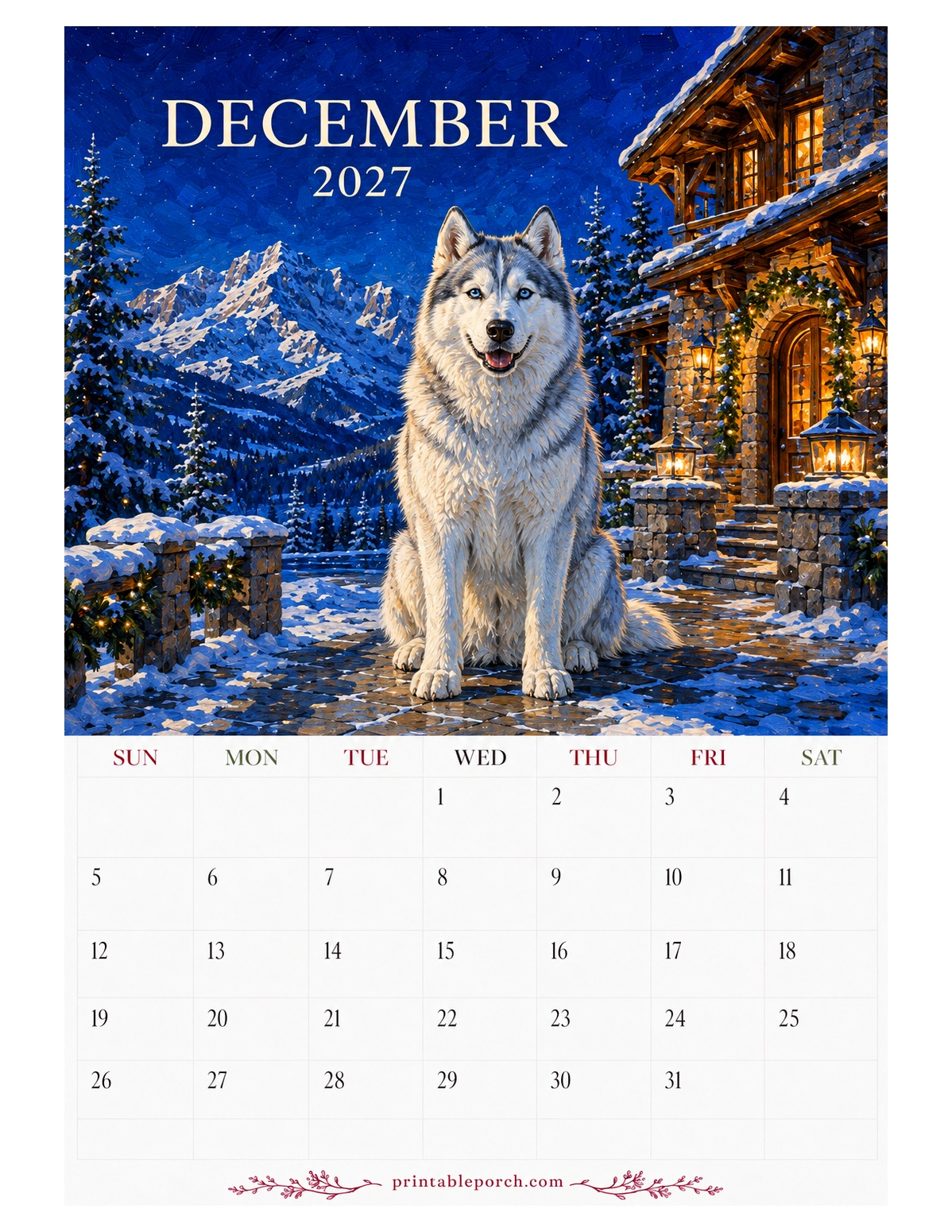 Oil Painting Dogs December 2027 Calendar
