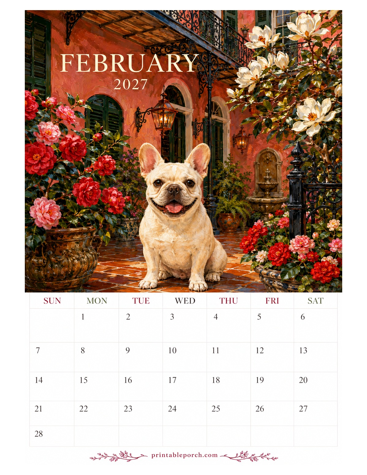 Oil Painting Dogs February 2027 Calendar
