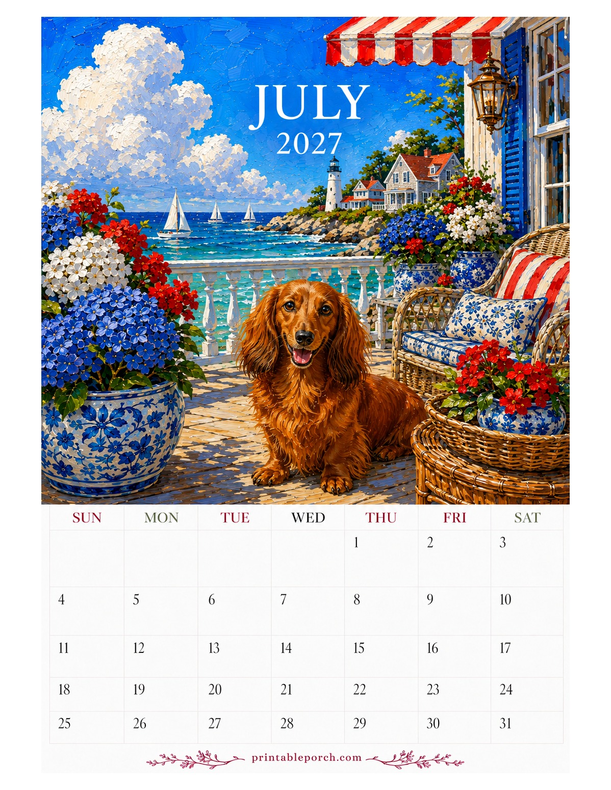 Oil Painting Dogs July 2027 Calendar
