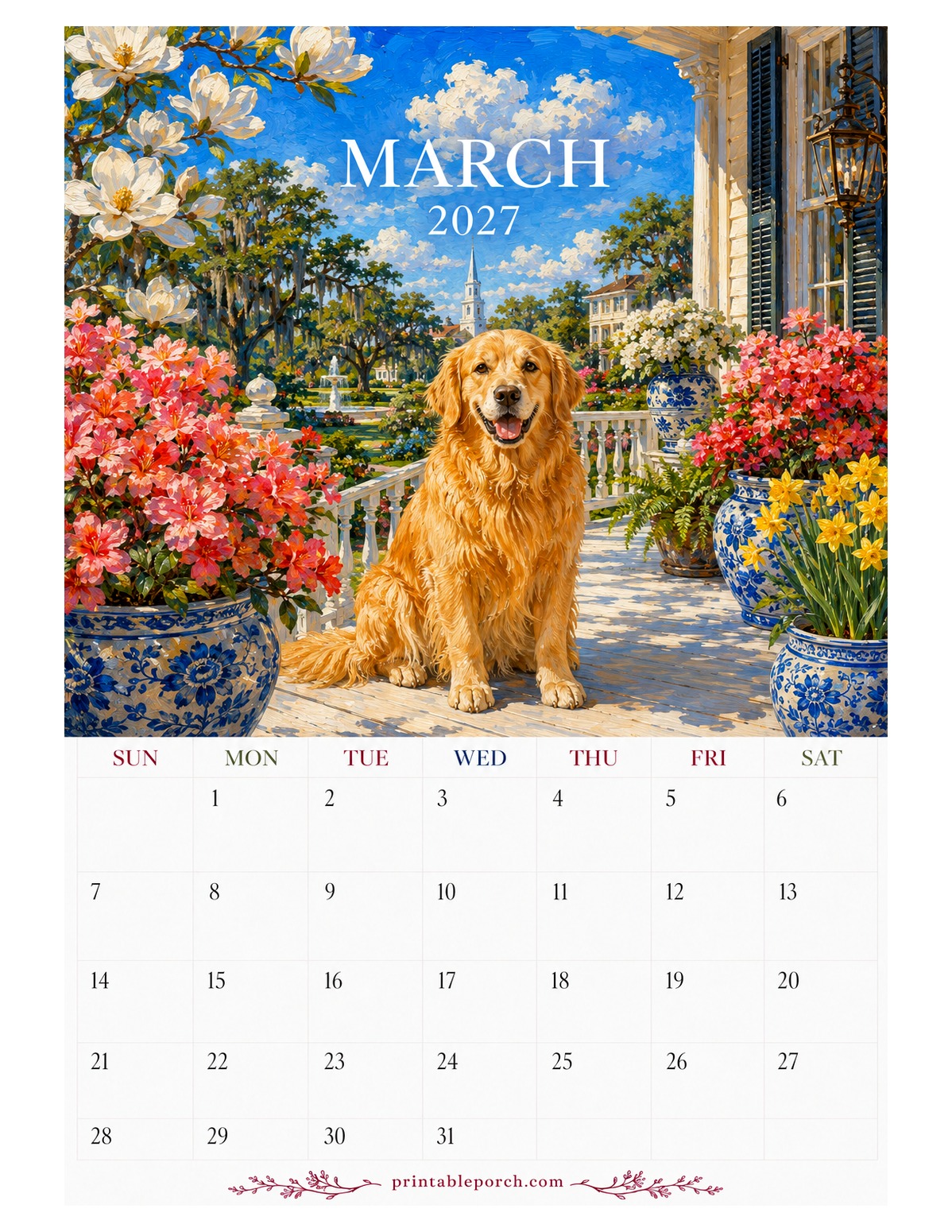 Oil Painting Dogs March 2027 Calendar