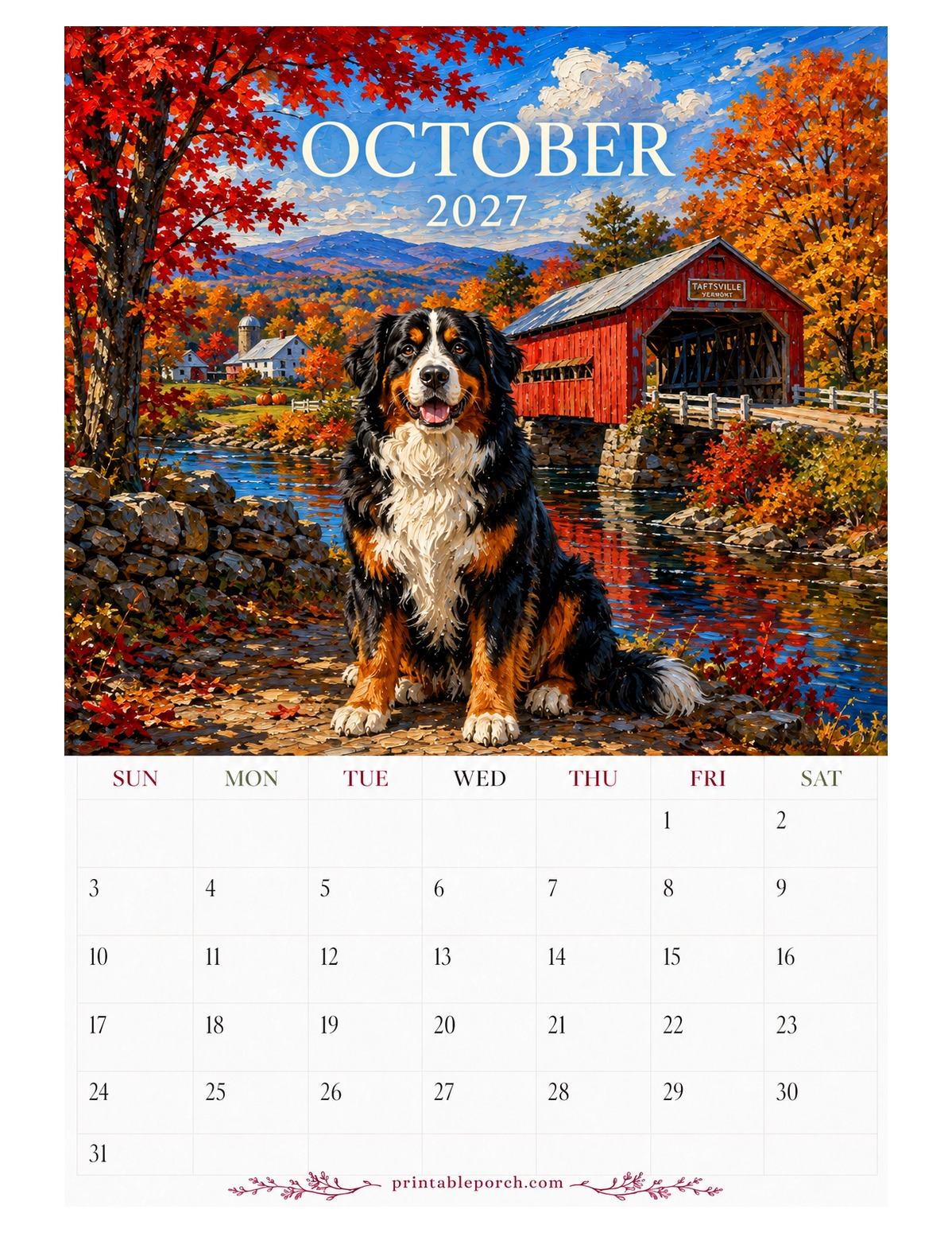 Oil Painting Dogs October 2027 Calendar