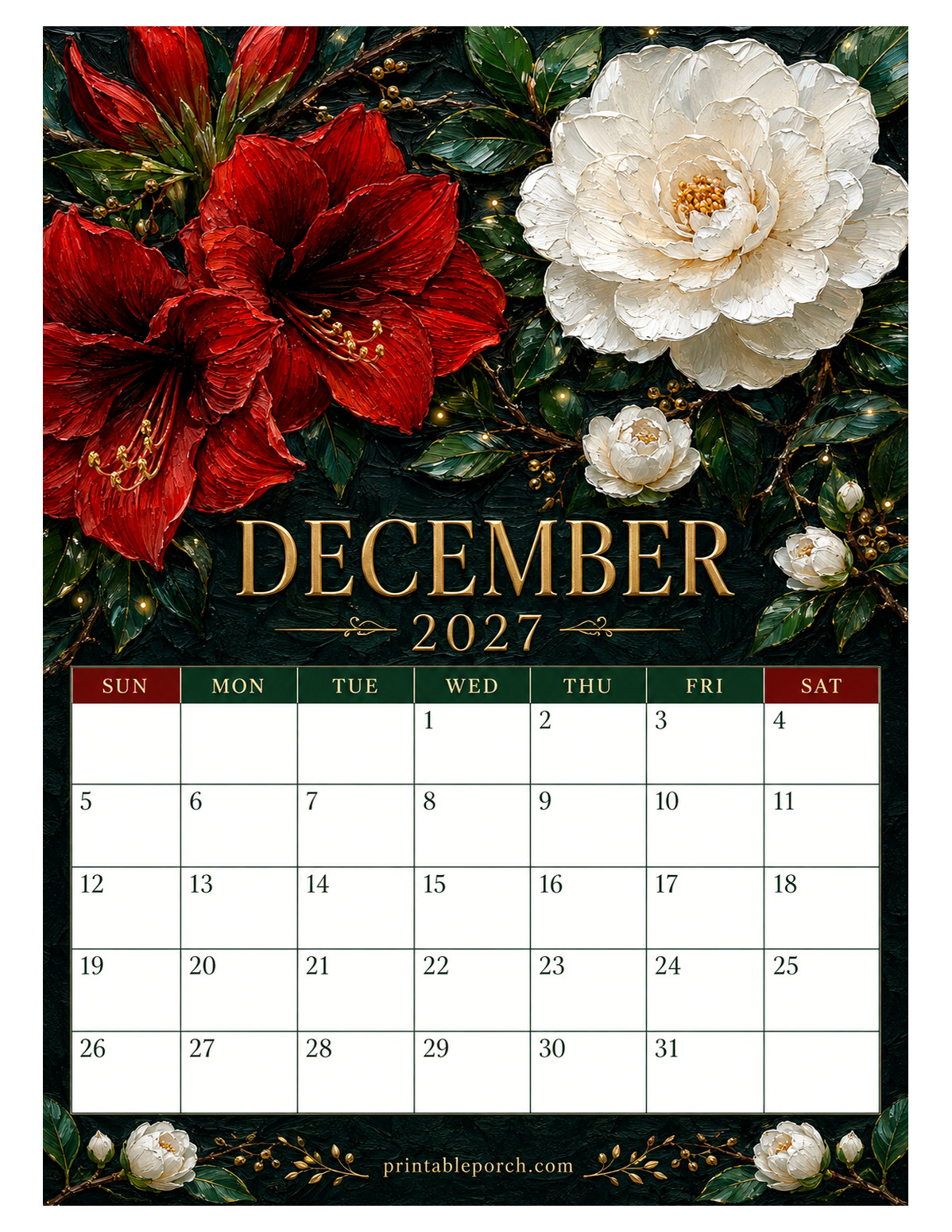 Oil Painting Flowers December 2027 Calendar