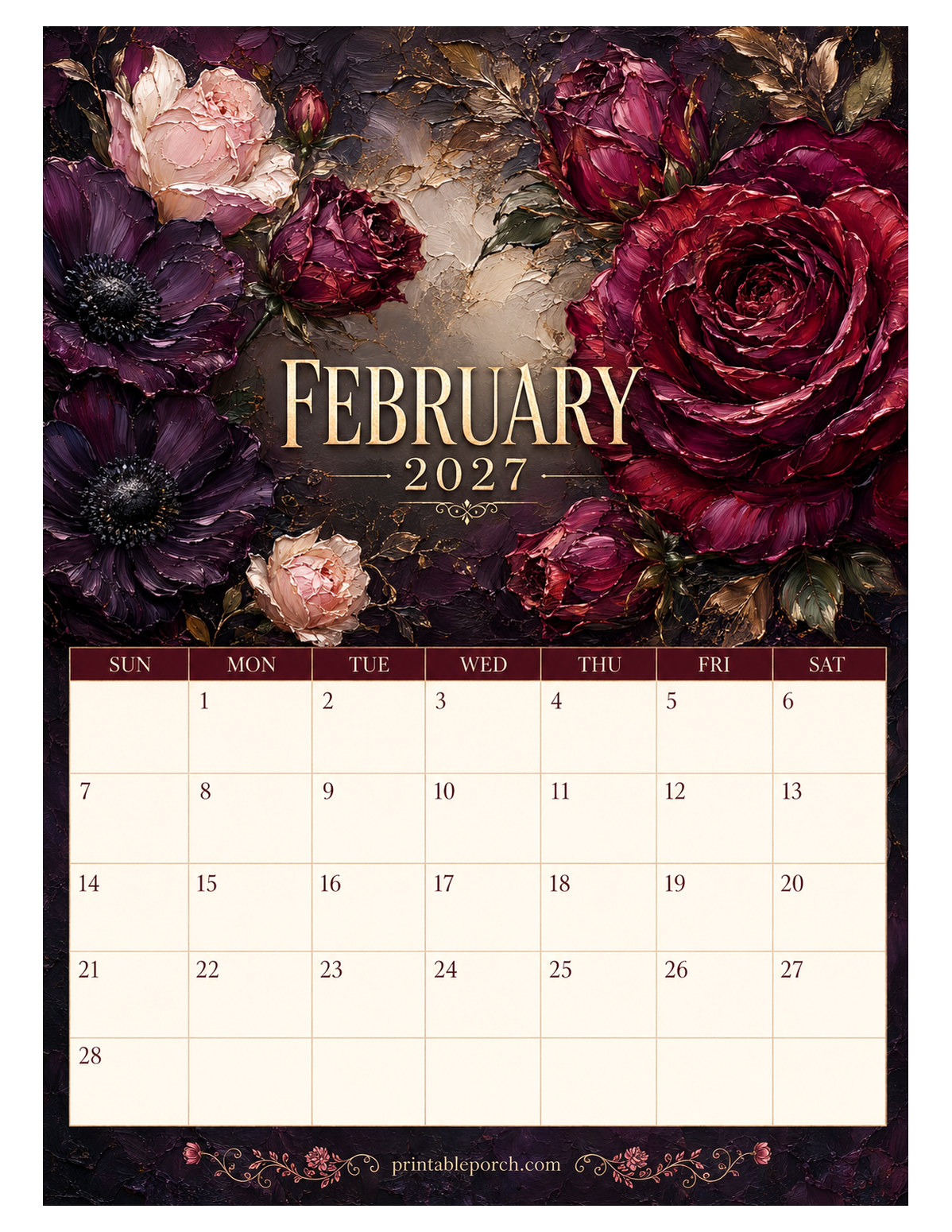 Oil Painting Flowers February 2027 Calendar
