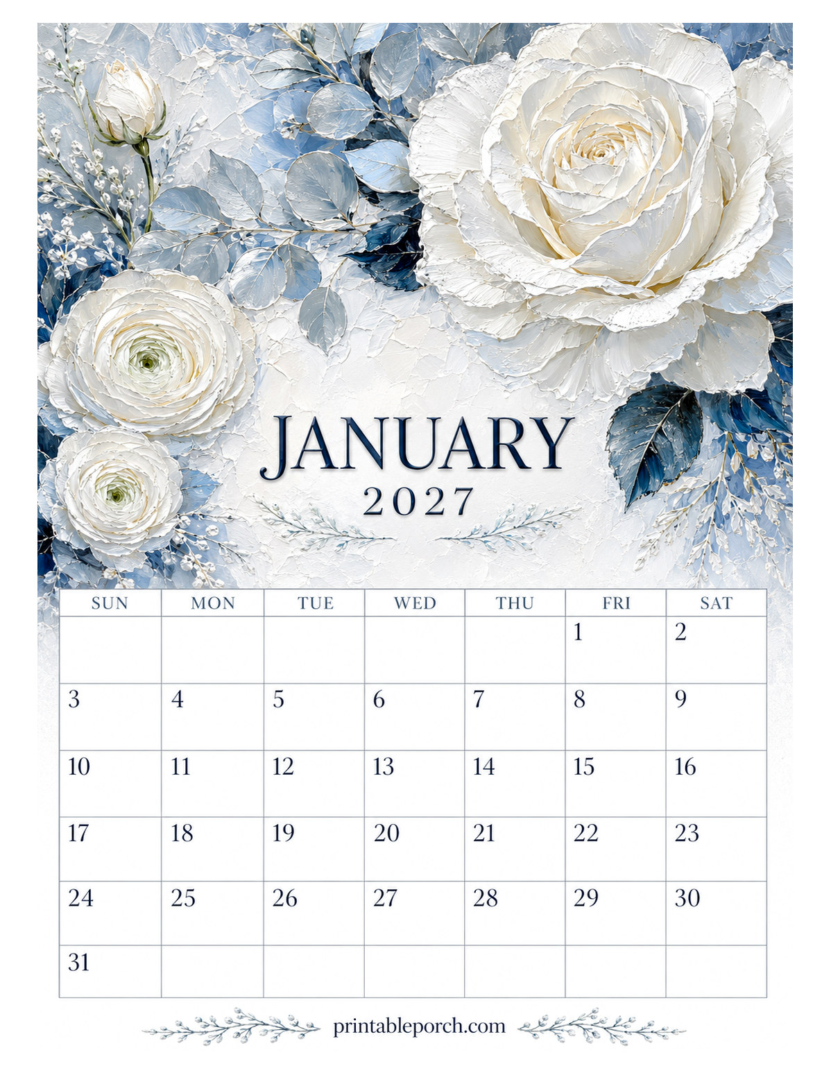 Oil Painting Flowers January 2027 Calendar