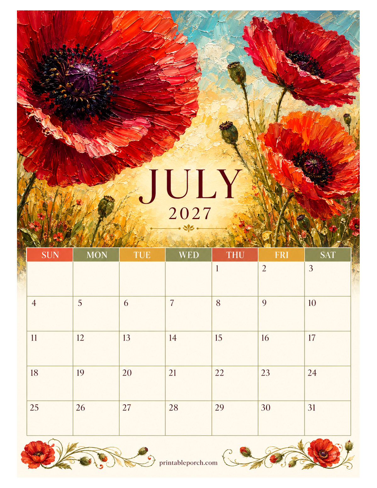 Oil Painting Flowers July 2027 Calendar