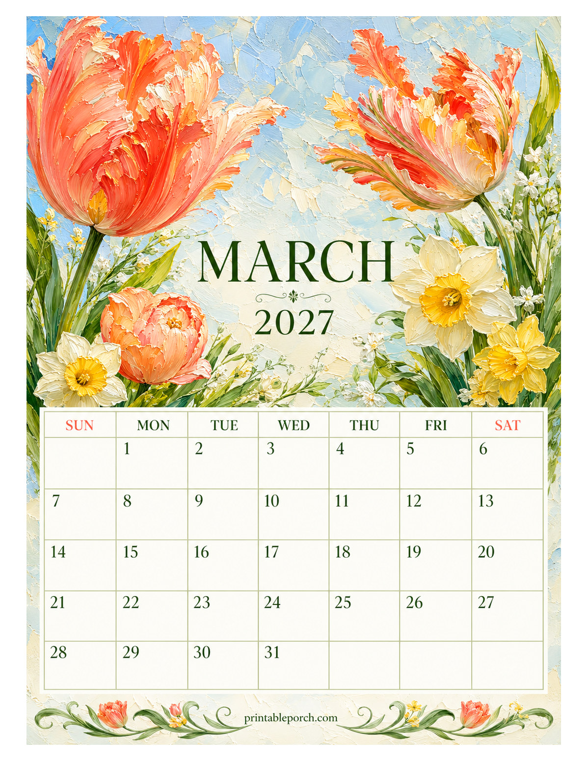 Oil Painting Flowers March 2027 Calendar
