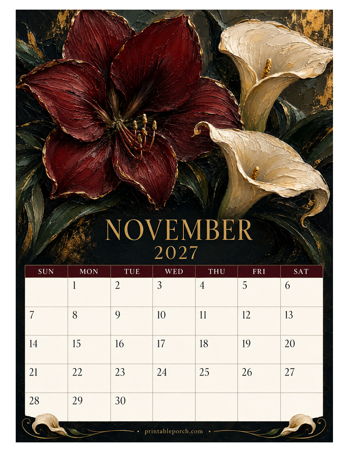 Oil Painting Flowers November 2027 Calendar