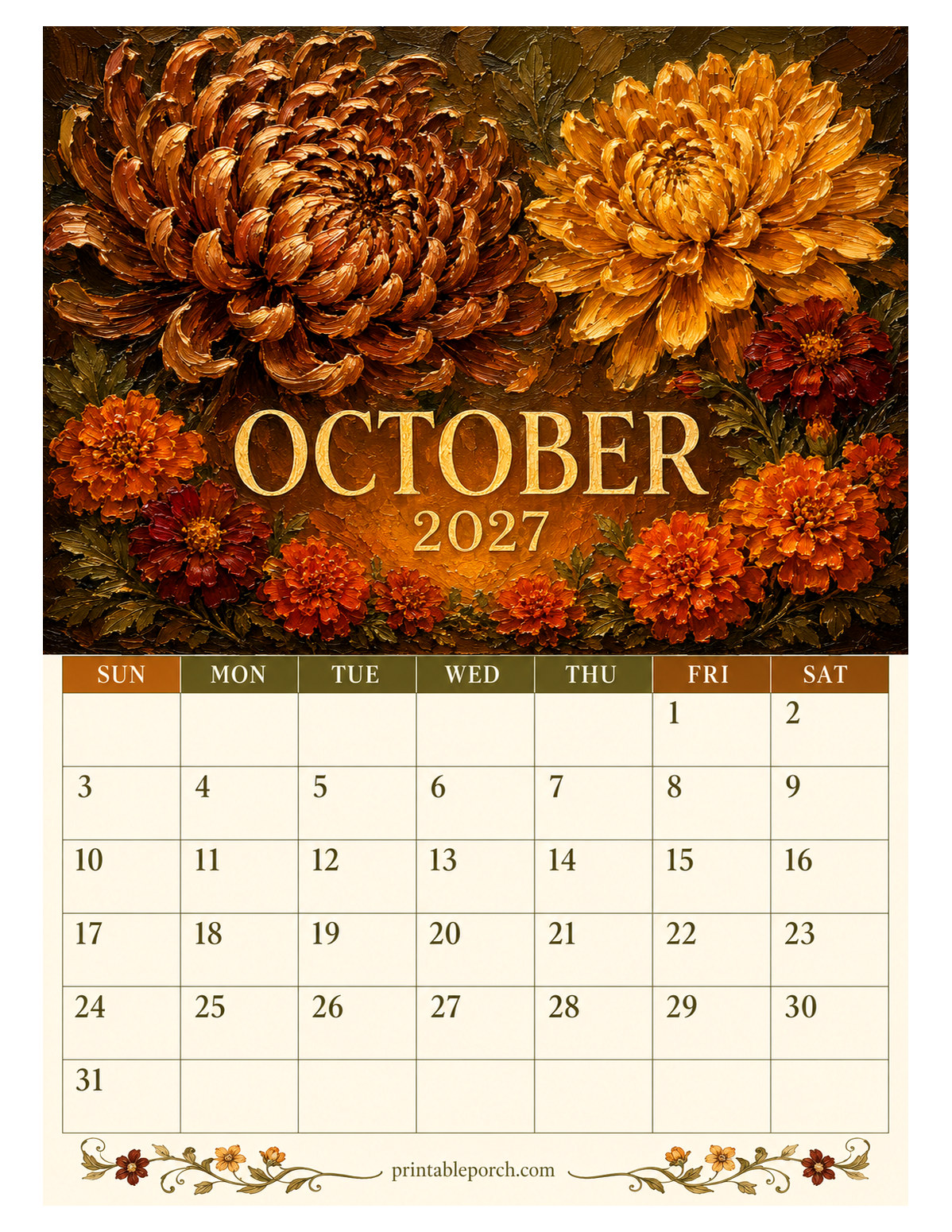Oil Painting Flowers October 2027 Calendar