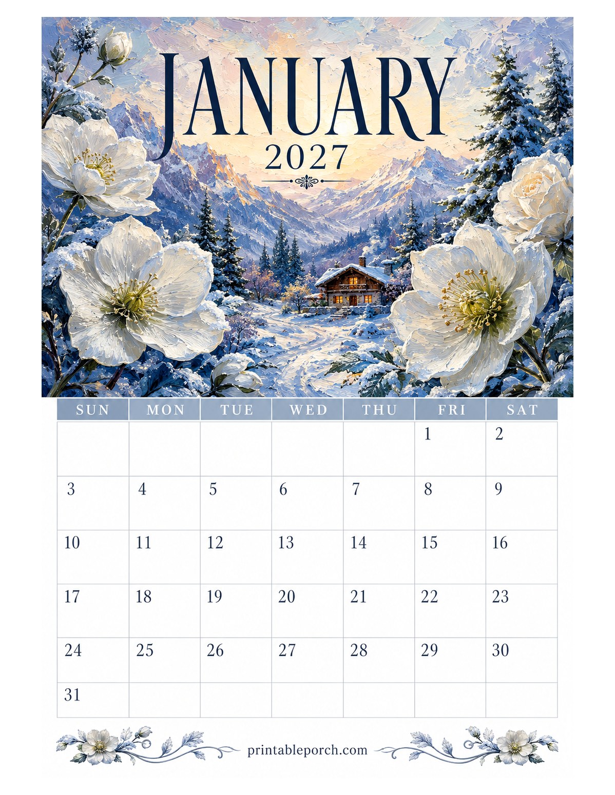 Oil Painting Landscapes January 2027 Calendar