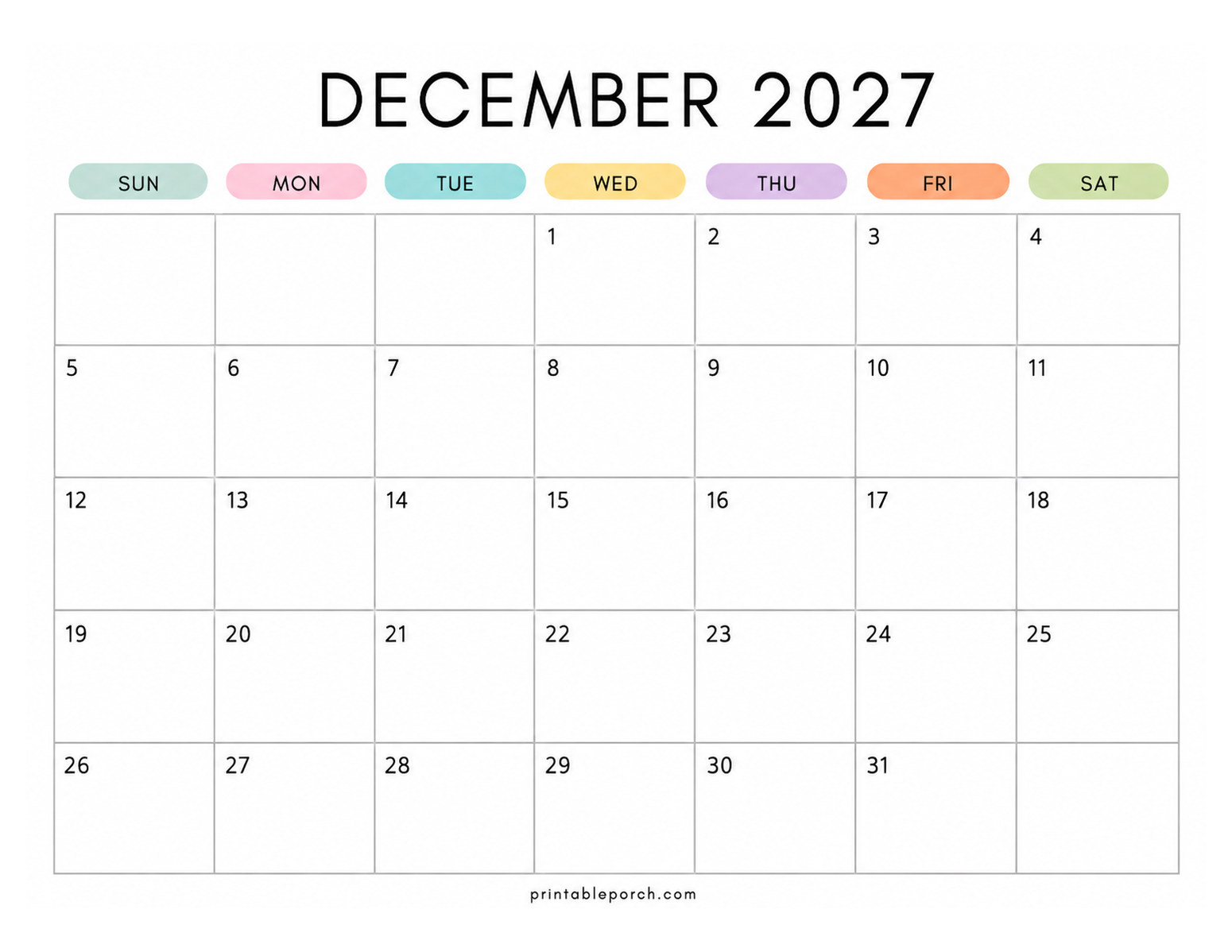 Pastel Rainbow December 2027 Calendar