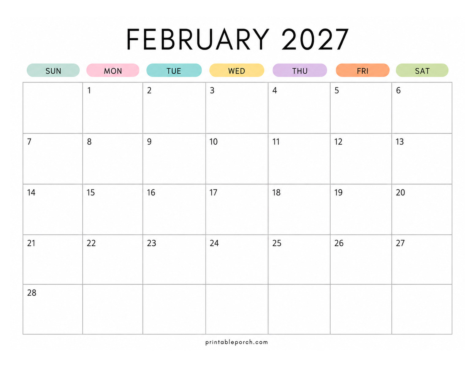 Pastel Rainbow February 2027 Calendar