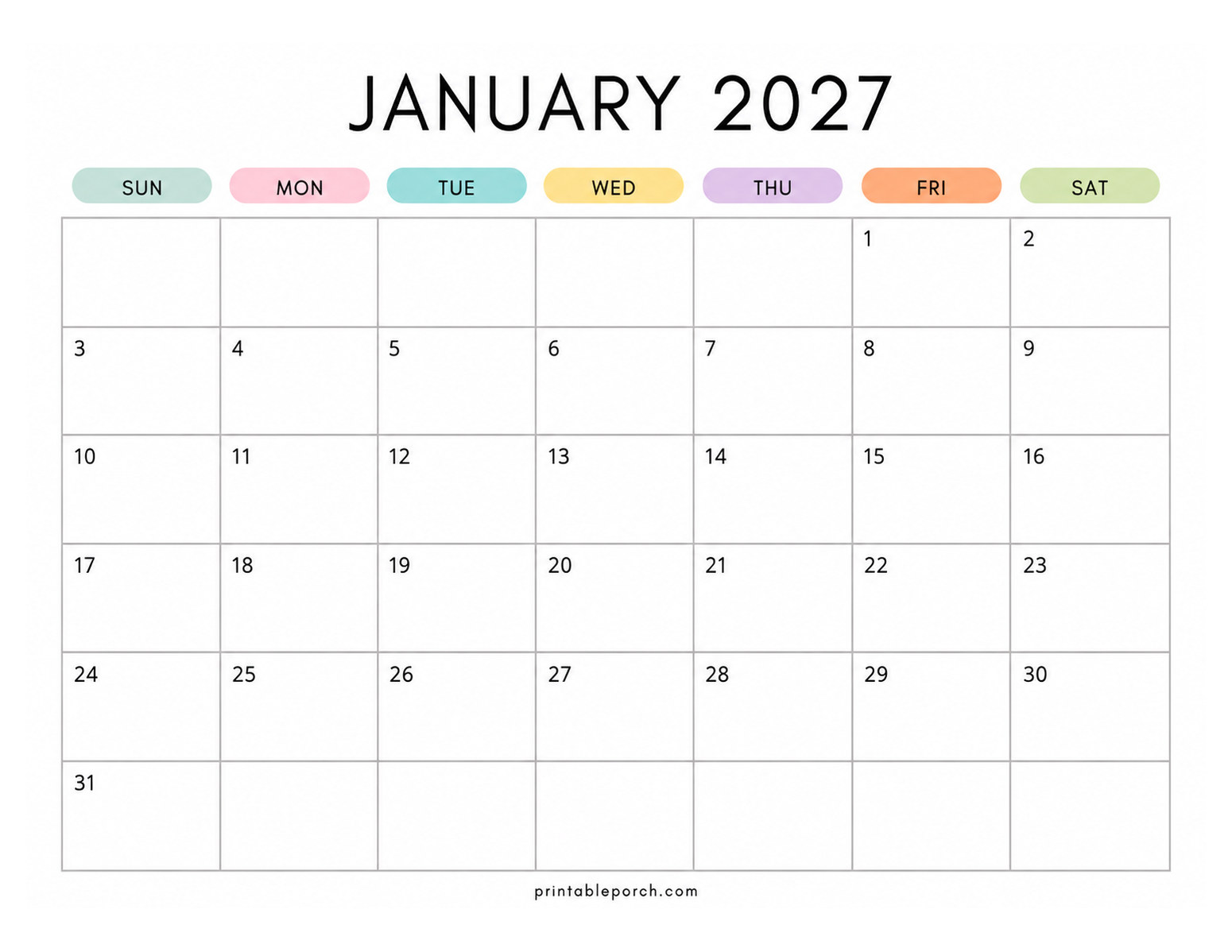 Pastel Rainbow January 2027 Calendar