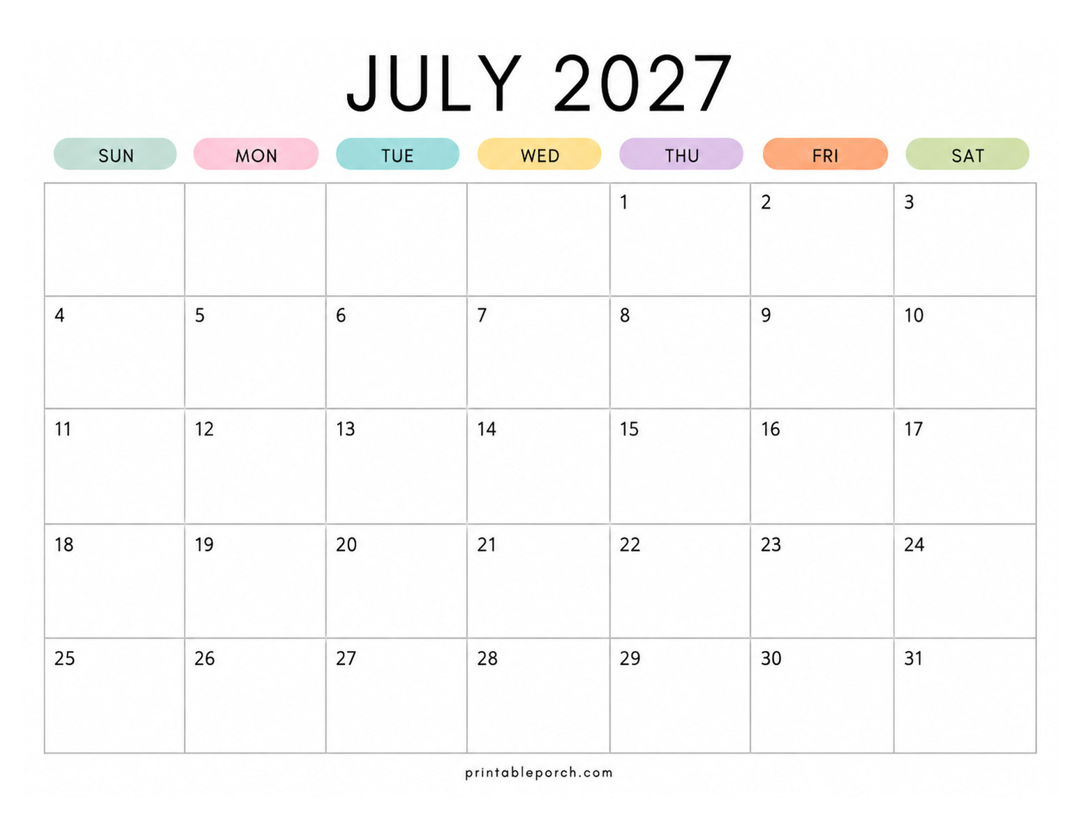 Pastel Rainbow July 2027 Calendar