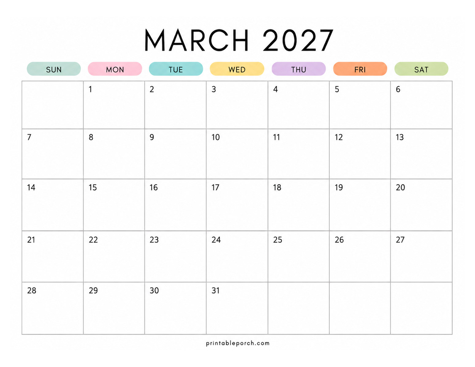 Pastel Rainbow March 2027 Calendar
